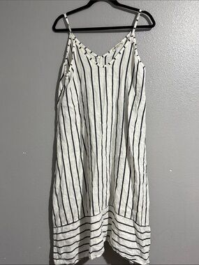 Terzo Millennio 100% Linen white with navy blue Striped Spaghetti Strap Dress